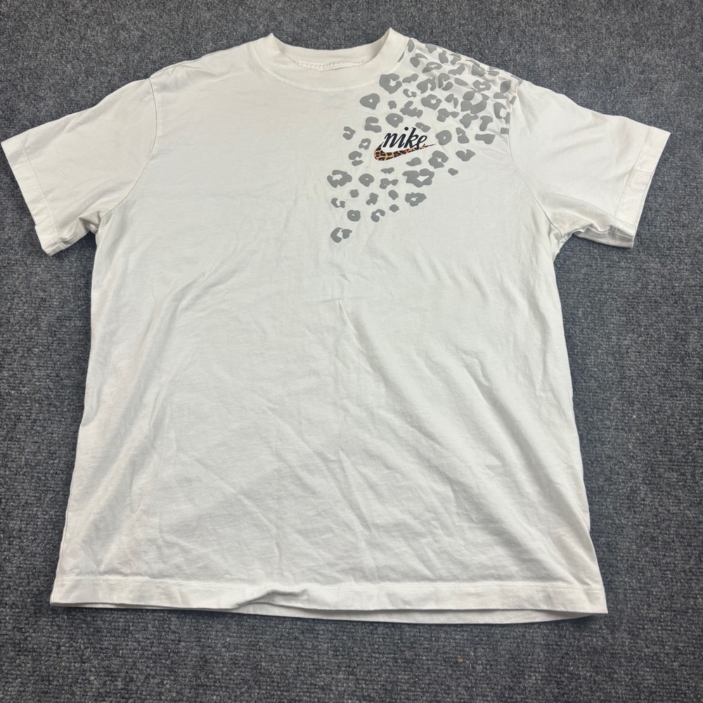NIKE Women’s White The Nike Tee with Leopard Print Detail Loose Fit Size: Medium